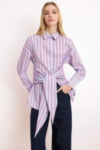 TRENDYOLMİLLA Mavi-Multicolored Striped Binding Detailed Shirt - Image 2