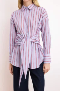 TRENDYOLMİLLA Mavi-Multicolored Striped Binding Detailed Shirt - Image 3