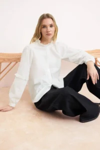 TRENDYOLMİLLA White Ruffle Detailed Poplin Shirt - Image 2