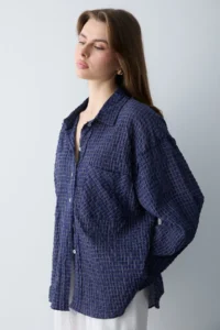 TRENDYOLMİLLA Mavi Checkered Checkered seersucker textured Oversized Shirt - Image 2