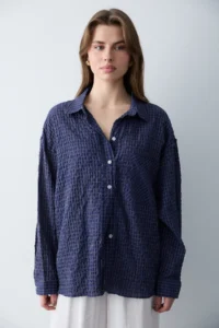 TRENDYOLMİLLA Mavi Checkered Checkered seersucker textured Oversized Shirt - Image 3