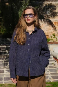 TRENDYOLMİLLA Mavi Checkered Checkered seersucker textured Oversized Shirt - Image 5