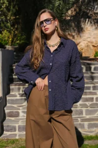 TRENDYOLMİLLA Mavi Checkered Checkered seersucker textured Oversized Shirt - Image 6