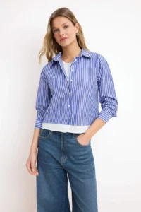 TRENDYOLMİLLA Mavi-Multicolored Striped Contrast Hafif Crop Shirt - Image 2