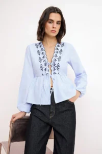 TRENDYOLMİLLA Mavi Striped Embroidered Dilimli Shirt