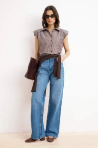 TRENDYOLMİLLA Brown Striped Sleeveless padded Shirt - Image 2