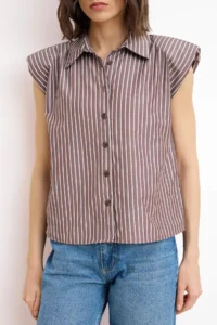 TRENDYOLMİLLA Brown Striped Sleeveless padded Shirt - Image 3