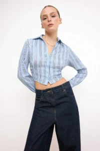 TRENDYOLMİLLA Mavi-Multicolored Striped Fitted Crop Shirt