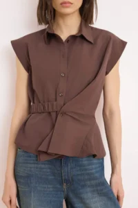 TRENDYOLMİLLA Brown Asymmetric Closure Fitted Shirt - Image 3