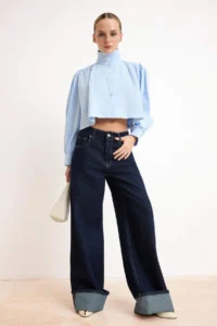 TRENDYOLMİLLA Mavi Shirred Short/Crop Kesim Shirt