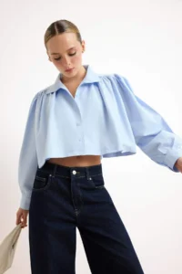 TRENDYOLMİLLA Mavi Shirred Short/Crop Kesim Shirt - Image 2