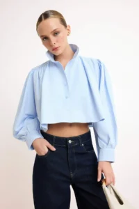 TRENDYOLMİLLA Mavi Shirred Short/Crop Kesim Shirt - Image 3