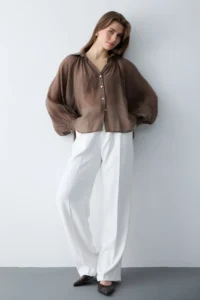 TRENDYOLMİLLA Brown Thin Draped Balloon Sleeve Weaving Shirt