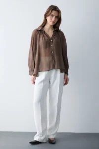 TRENDYOLMİLLA Brown Thin Draped Balloon Sleeve Weaving Shirt - Image 2