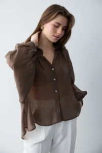 TRENDYOLMİLLA Brown Thin Draped Balloon Sleeve Weaving Shirt - Image 3