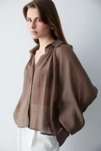 TRENDYOLMİLLA Brown Thin Draped Balloon Sleeve Weaving Shirt - Image 4