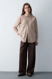 TRENDYOLMİLLA Brown Striped Weaving Shirt - Image 3