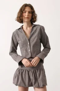 TRENDYOLMİLLA Brown-Multicolored Mini Checkered Fitted Crop Shirt