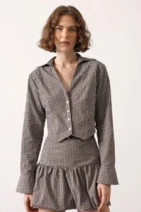 TRENDYOLMİLLA Brown-Multicolored Mini Checkered Fitted Crop Shirt - Image 3