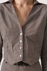 TRENDYOLMİLLA Brown-Multicolored Mini Checkered Fitted Crop Shirt - Image 4