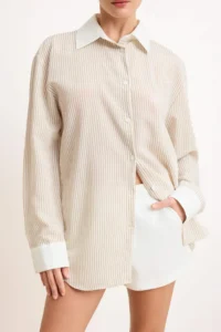TRENDYOLMİLLA Beige Striped Oversized Shirt - Image 3