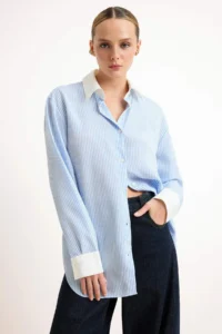 TRENDYOLMİLLA Mavi Striped Oversized Shirt