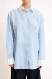 TRENDYOLMİLLA Mavi Striped Oversized Shirt - Image 3