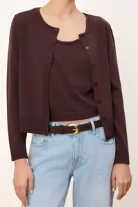 TRENDYOLMİLLA Wardrobe Essentials Brown Basic Rayon Look Cardigan-Blouse Knitwear Cardigan - Image 3