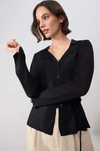 TRENDYOLMİLLA Wardrobe Essentials Black Belt Detailed Shirt Collar Thin Knitwear Cardigan