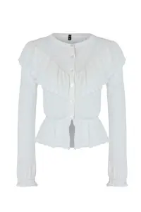 TRENDYOLMİLLA Ecru Shoulder and Skirt Detailed Cellular/Perforated Thin Knitwear Cardigan