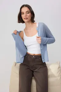 TRENDYOLMİLLA Wardrobe Essentials Blue Crew Neck Thin Knitwear Cardigan - Image 2