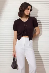 TRENDYOLMİLLA Brown Basic Soft Strapless Blouse- Crew Neck Cardigan Set Knitwear Cardigan - Image 2