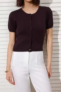 TRENDYOLMİLLA Brown Basic Soft Strapless Blouse- Crew Neck Cardigan Set Knitwear Cardigan - Image 3