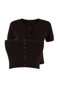 TRENDYOLMİLLA Brown Basic Soft Strapless Blouse- Crew Neck Cardigan Set Knitwear Cardigan - Image 5