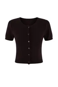 TRENDYOLMİLLA Brown Basic Soft Strapless Blouse- Crew Neck Cardigan Set Knitwear Cardigan - Image 6