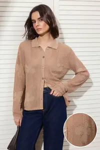 TRENDYOLMİLLA Camel Polo Shirt Collar Cellular/Delikli Embroidered  Knitwear Cardigan