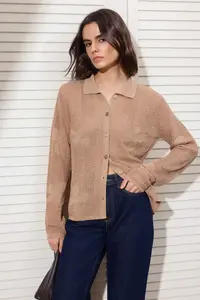 TRENDYOLMİLLA Camel Polo Shirt Collar Cellular/Delikli Embroidered  Knitwear Cardigan - Image 2