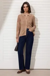 TRENDYOLMİLLA Camel Polo Shirt Collar Cellular/Delikli Embroidered  Knitwear Cardigan - Image 3