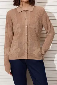 TRENDYOLMİLLA Camel Polo Shirt Collar Cellular/Delikli Embroidered  Knitwear Cardigan - Image 4