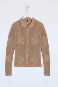 TRENDYOLMİLLA Camel Polo Shirt Collar Cellular/Delikli Embroidered  Knitwear Cardigan - Image 6
