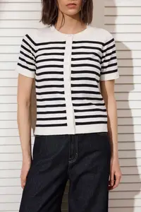 TRENDYOLMİLLA Ecru Striped Crew Neck 2 Sets Blouse-Cardigan Knitwear Cardigan - Image 3