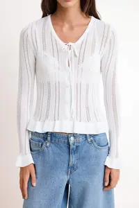 TRENDYOLMİLLA Ecru Crew Neck Skirt Detailed Knitwear Cardigan - Image 3