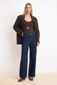 TRENDYOLMİLLA Dark Blue Flowy Belt Detailed Regular Waist 100% Cotton Wide Leg jeans