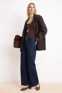 TRENDYOLMİLLA Dark Blue Flowy Belt Detailed Regular Waist 100% Cotton Wide Leg jeans - Image 2