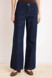 TRENDYOLMİLLA Dark Blue Flowy Belt Detailed Regular Waist 100% Cotton Wide Leg jeans - Image 3