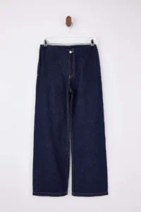 TRENDYOLMİLLA Dark Blue Flowy Belt Detailed Regular Waist 100% Cotton Wide Leg jeans - Image 5