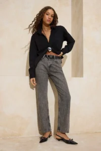 TRENDYOLMİLLA Gray High Waist 100% Cotton Plain Kesim Straight jeans