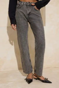 TRENDYOLMİLLA Gray High Waist 100% Cotton Plain Kesim Straight jeans - Image 3