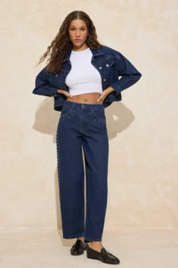 TRENDYOLMİLLA Mavi Draped Accessory Detailed Regular Waist 100% Cotton barrel jeans - Image 3