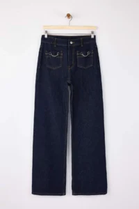 TRENDYOLMİLLA Limited Edition Dark Blue Draped Pocket Detail High Waist 100% Cotton Wide Leg jeans - Image 10